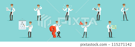 Man Doctor Character in White Coat with Stethoscope in Different Pose Vector Set Man Doctor Character in White Coat with Stethoscope in Different Pose Vector Set 115271142