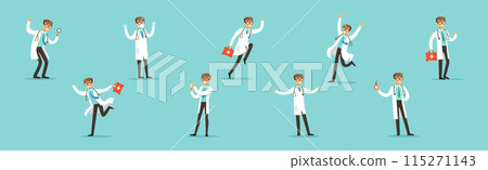 Man Doctor Character in White Coat with Stethoscope in Different Pose Vector Set Man Doctor Character in White Coat with Stethoscope in Different Pose Vector Set 115271143