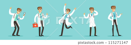 Man Doctor Character in White Coat with Stethoscope in Different Pose Vector Set Man Doctor Character in White Coat with Stethoscope in Different Pose Vector Set 115271147