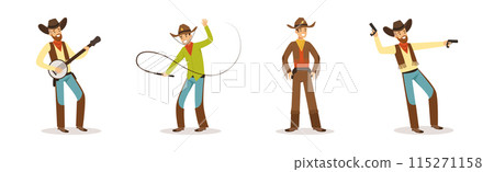 Man North American Cowboy Character in Hat Vector Set 115271158