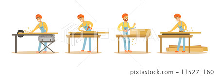 Man Carpenter Woodworking Doing His Job Vector Set Man Carpenter Woodworking Doing His Job Vector Set 115271160