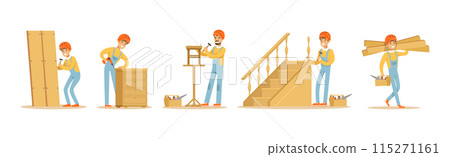 Man Carpenter Woodworking Doing His Job Vector Set 115271161
