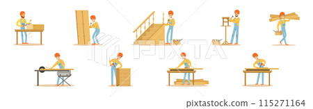 Man Carpenter Woodworking Doing His Job Vector Set 115271164