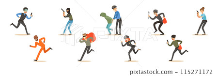 Man Criminals and Bandit Character Commit Crime Vector Set 115271172