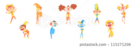 Funny Clown Boy Character in Bright Costume with Nose Vector Set Funny Clown Boy Character in Bright Costume with Nose Vector Set 115271206