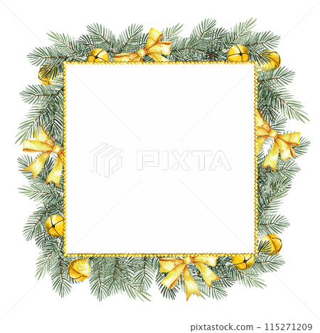 watercolor frame with Christmas tree with golden Christmas bells, bows, beads, hand drawn sketch of green fir branches with Christmas tree toys, on white background, winter illustration watercolor frame with Christmas tree with golden Christmas bells, bows, beads, hand drawn sketch of green fir branches with Christmas tree toys, on white background, winter illustration 115271209