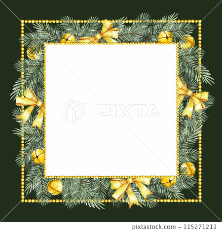 watercolor frame with Christmas tree with golden Christmas bells, bows, beads, hand drawn sketch of green fir branches with Christmas tree toys, on dark green background, winter illustration 115271211