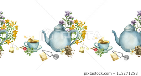 Seamless border. Tea party, herbal tea, cup, teapot, tea bags, strainer, meadow herbs for tea. All objects are hand-painted with watercolors. Suitable for packaging, kitchen textiles, design. 115271258