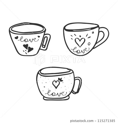 Cup love symbol Clip art Set. Doodle icon, hand drawn sketch style, decorative paint brush stroke line, black contour linear isolated elements, retro heart cartoon design. Cute Vector illustration 115271385