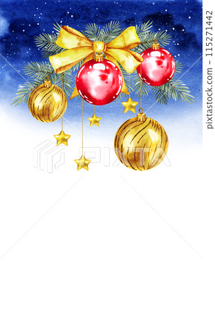 watercolor Christmas tree with Christmas golden bow, balls, stars, hand drawn sketch of green fir branches, Christmas tree toys, isolated on blue watercolor background, winter illustration watercolor Christmas tree with Christmas golden bow, balls, stars, hand drawn sketch of green fir branches, Christmas tree toys, isolated on blue watercolor background, winter illustration 115271442