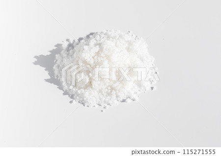 Top View Isolated Baja Salt. Kosher Mineral Unrefined Sea Salt, Natural Grain Crystals, White Background. Horizontal Plane 115271555
