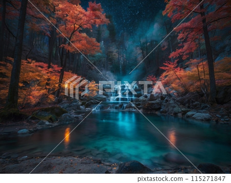 A waterfall and river surrounded by illuminated autumn leaves A waterfall and river surrounded by illuminated autumn leaves 115271847