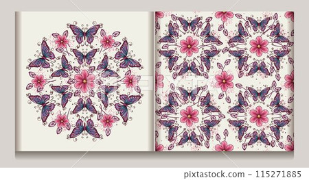 Seamless pattern, label with circular ornament like mandala with chamomile flower in center, fantasy colored butterfly with curled antennae. Geometric background. Art Nouveau style. Seamless pattern, label with circular ornament like mandala with chamomile flower in center, fantasy colored butterfly with curled antennae. Geometric background. Art Nouveau style. 115271885