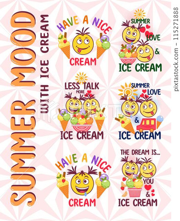 Poster with funny romantic colorful labels with ice cream sundae, crazy emoji love couple, text, hearts. Simple minimal style. For prints, clothing, t shirt design, wall art, adv 115271888