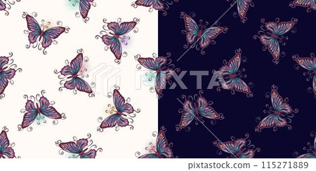 Seamless patterns with fantasy colored flying butterflies with spread wings in Art Nouveau style. Set of patterns on black, white background. 115271889