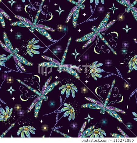 Mysterious seamless pattern with fantasy colored dragonflies, scattered chamomiles with stem, stars, sparkles. Black background. Mystical magic, sorcery concept. Art nouveau style. 115271890