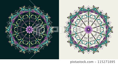 Circular ornament like mandala with chamomile flower in center, fantasy colored dragonfly with curled antennae in Art Nouveau style. Vintage style. 115271895