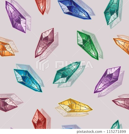 Pattern with color monochrome crystal gems on white background. Magical, glowing minerals inside. Fantasy, mystical concept. Ruby, sapphire, emerald, topaz amethyst gems. Vintage style Pattern with color monochrome crystal gems on white background. Magical, glowing minerals inside. Fantasy, mystical concept. Ruby, sapphire, emerald, topaz amethyst gems. Vintage style 115271899