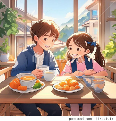 A boy and a girl eating breakfast in the kitchen 115271913