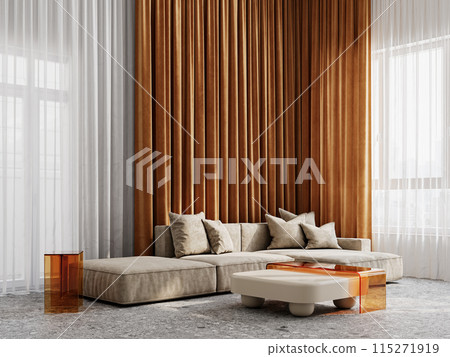 Contemporary interior with beige sofa, orange transparent plastic tables, orange curtains, tulle and terrazzo tile. 3d render illustration mockup. 115271919