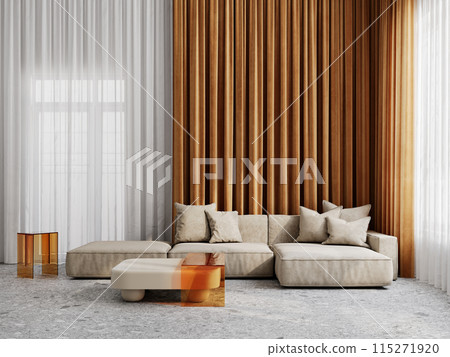 Contemporary interior with beige sofa, orange transparent plastic tables, orange curtains, tulle and terrazzo tile. 3d render illustration mockup. 115271920