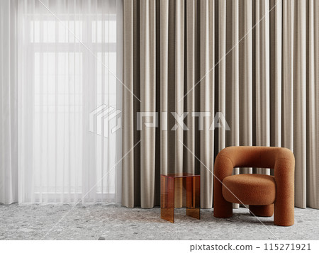 Minimalism interior with orange boucle fabric armchair and transparent plastic coffee table, terrazzo tile, curtains. 3d render illstration mockup. Minimalism interior with orange boucle fabric armchair and transparent plastic coffee table, terrazzo tile, curtains. 3d render illstration mockup. 115271921
