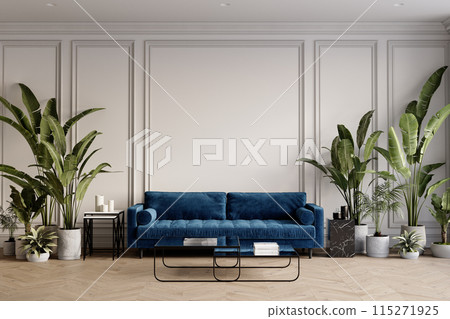 Mid-century modern classic white interior with blue sofa, tropical plants, coffee tables and decor. 3d render illustration mockup. Mid-century modern classic white interior with blue sofa, tropical plants, coffee tables and decor. 3d render illustration mockup. 115271925