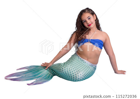 A beautiful smiling girl in a mermaid costume isolated on white background 115272036