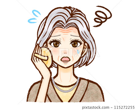 Illustration material of an old woman who is worried about not being able to put on makeup well 115272255