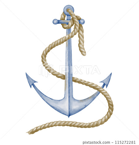 Anchor with Rope watercolor illustration in blue and beige pastel colors. Hand drawn clip art on isolated background. Drawing for print design or icon. Sketch for childish cards. Nautical style. Anchor with Rope watercolor illustration in blue and beige pastel colors. Hand drawn clip art on isolated background. Drawing for print design or icon. Sketch for childish cards. Nautical style. 115272281