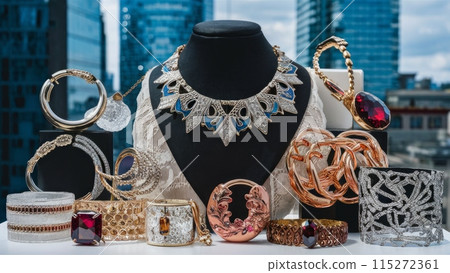 Luxury Jewelry Collection with Cityscape 115272361
