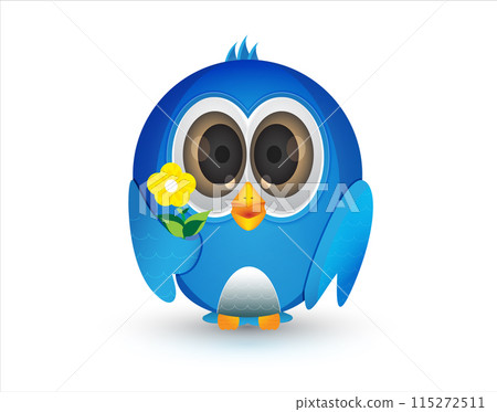 Blue bird with big eye holding flower 115272511