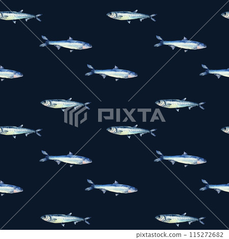 Anchovies small fish on watercolor seamless pattern isolated. Fresh sea fish hand drawn endless background. Sea pattern with fishes. Underwater sea design for package, textile, paper 115272682