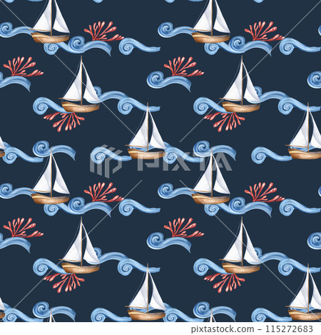 Small sailboats on blue waves with red coral accents in watercolor seamless pattern. Marine design for textile, packaging, cover. Sailing boat in cute style on pattern. Childhood nautical background Small sailboats on blue waves with red coral accents in watercolor seamless pattern. Marine design for textile, packaging, cover. Sailing boat in cute style on pattern. Childhood nautical background 115272683