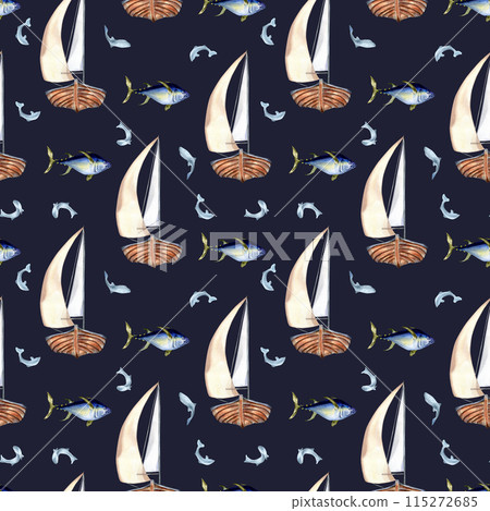 Sailing ship in watercolor nautical pattern isolated. Sail vessel and fish tuna hand drawn seamless design. Fish on ship background. Ocean scene element for textile, packaging, printed products 115272685
