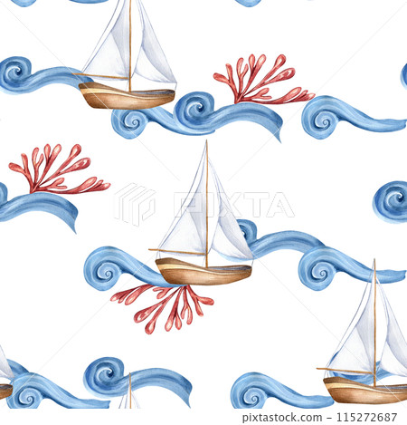 Small sailboats on blue waves with red coral accents in watercolor seamless pattern. Marine design for textile, packaging, cover. Sailing boat in cute style on pattern. Childhood nautical background 115272687