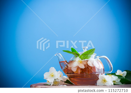 jasmine flower tea in a glass teapot jasmine flower tea in a glass teapot 115272710