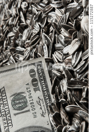 Dollars banknotes and sunflower seeds, oleaginous Commodity value concept. 115272887
