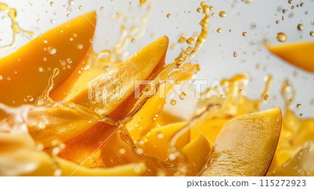 Ripe mango pieces dropping into a pool of sweet juice 115272923