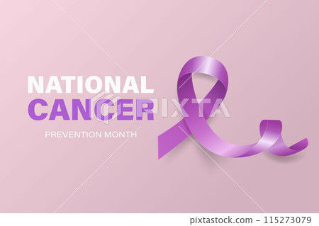 National Cancer Prevention Month, February. Banner, Card, Placard with Realistic 3D Vector Lavender Ribbon on Lavender Background. Cancer Awareness Month Symbol, Closeup. World Cancer Day Concept 115273079