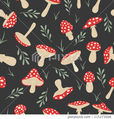 Vector Seamless Pattern with Hand Drawn Cartoon Fly Agaric Mushrooms. Amanita Muscaria, Fly Agaric Illustration, Mushrooms. Magic Mushroom Print, Design Template Vector Seamless Pattern with Hand Drawn Cartoon Fly Agaric Mushrooms. Amanita Muscaria, Fly Agaric Illustration, Mushrooms. Magic Mushroom Print, Design Template 115273086