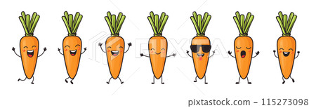Flat Vector Cartoon Cute and Funny Carrot Character. Dancing, Smiling, Happy, Singing Carrot with Different Faces and Emotions. Carrot Icon, Logo, Vector Illustration in Kawaii Style 115273098
