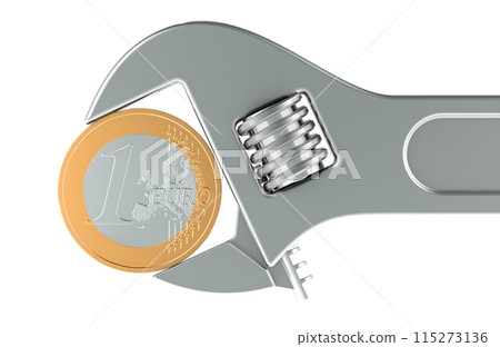 Adjustable wrench with euro coin, 3D rendering Adjustable wrench with euro coin, 3D rendering 115273136