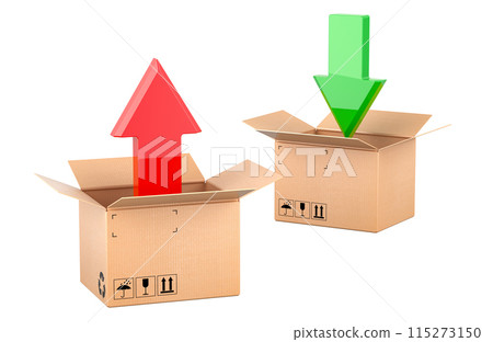 Sending and receiving the parcel, concept. Cardboard boxes with incoming green arrow and outgoing red arrow, 3D rendering 115273150