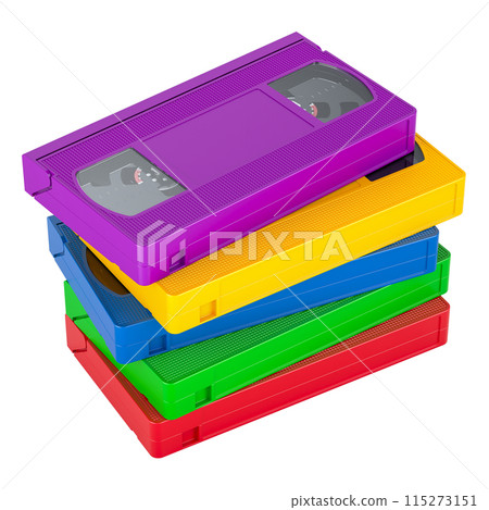 Stack of colored VHS videotapes, 3D rendering Stack of colored VHS videotapes, 3D rendering 115273151