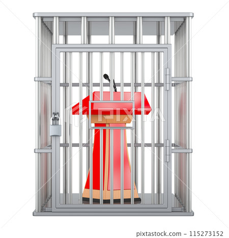 Tribuna with microphone inside cage, prison cell. Political prisoner, concept. 3D rendering Tribuna with microphone inside cage, prison cell. Political prisoner, concept. 3D rendering 115273152