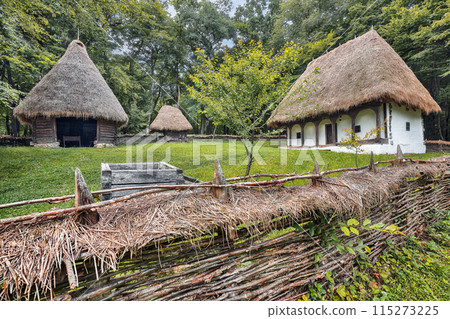 Amazing summer scene of traditional romanian peasant houses. Amazing summer scene of traditional romanian peasant houses. 115273225