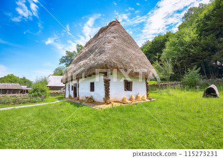 Amazing summer scene of traditional romanian peasant houses. Amazing summer scene of traditional romanian peasant houses. 115273231