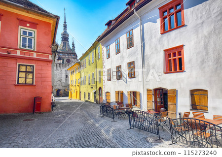 Amazing morning view of historic town Sighisoara and Clock Tower built by Saxons. 115273240