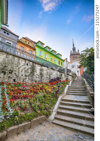 Amazing evening view of historic town Sighisoara and Clock Tower built by Saxons. 115273247